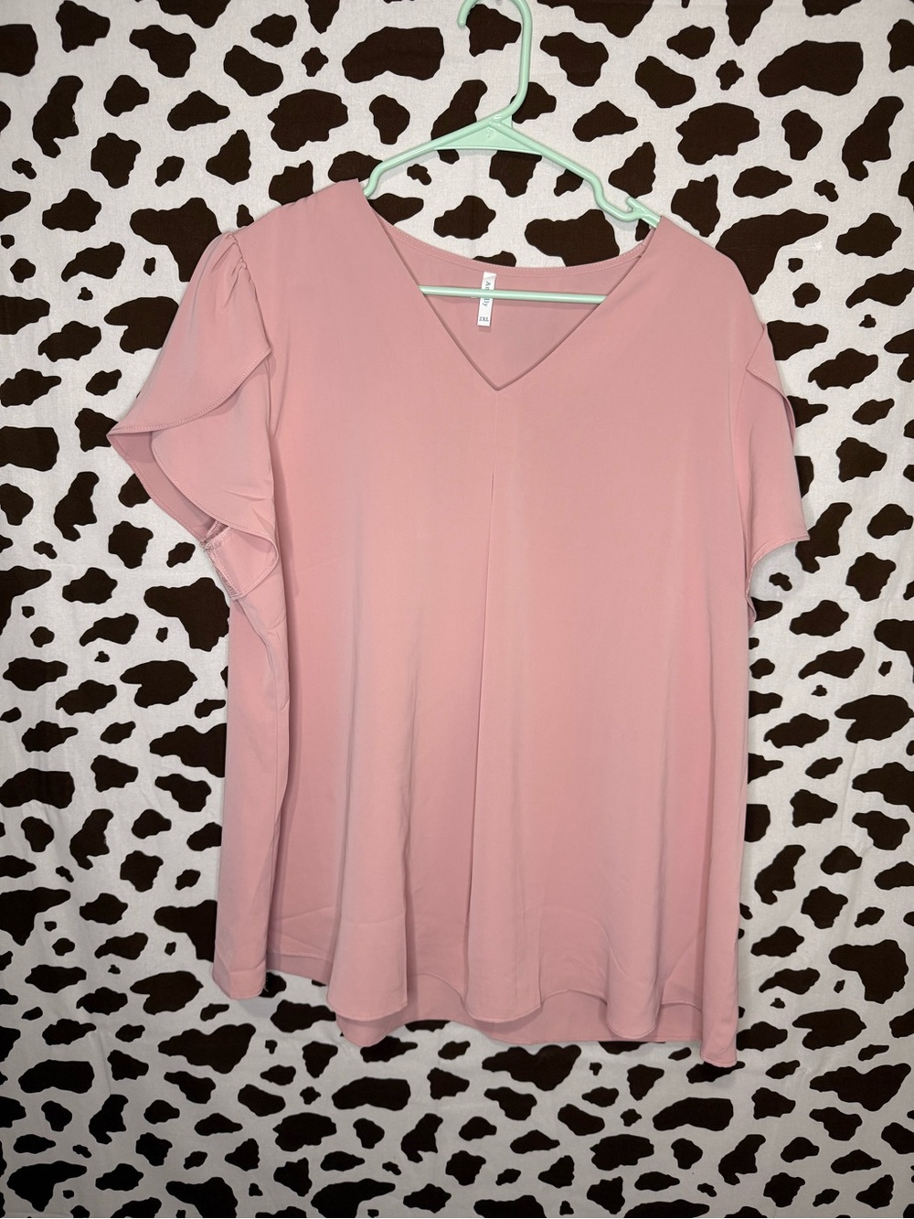 Anyally Pink Solid Pleated V-Neck Short Sleeve Pullover Blouse Women Plus 2XL